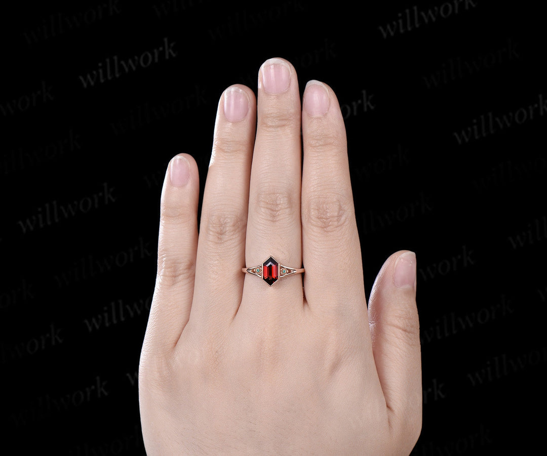 Long hexagon cut red garnet engagement ring rose gold bezel split shank three stone floral emerald wedding anniversary ring women