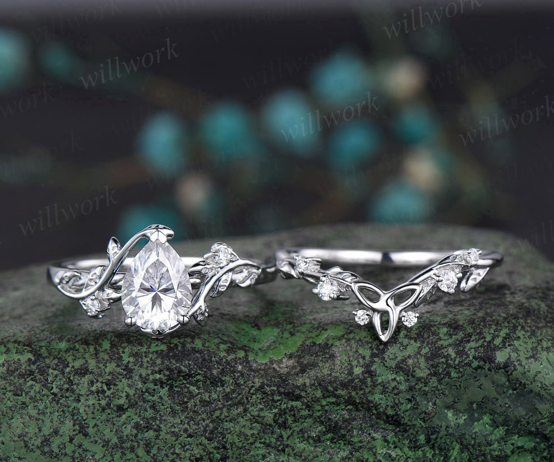 Vintage Pear shaped IGI lab-grown diamond engagement ring white gold leaf branch diamond bridal ring set Celtic knot wedding ring band women jewelry