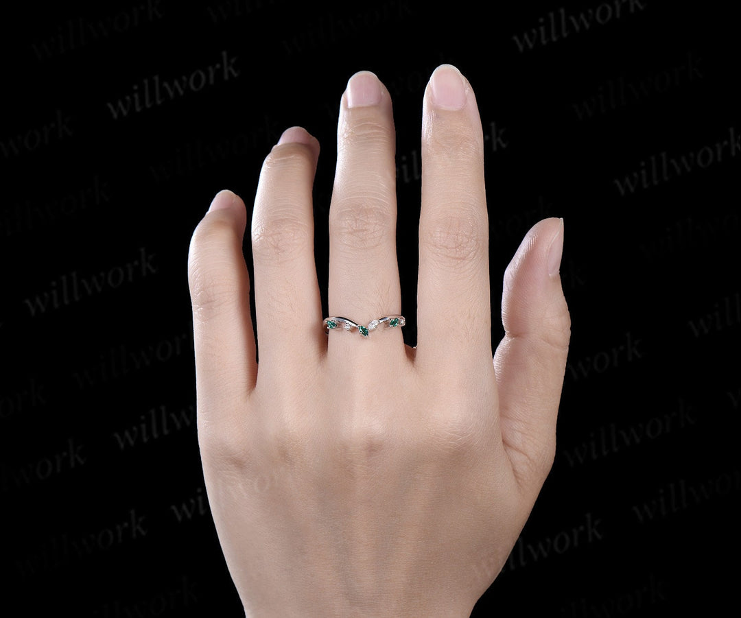 Curved emerald wedding band white gold stacking moissanite wedding ring band women May birthstone ring graduation anniversary gift