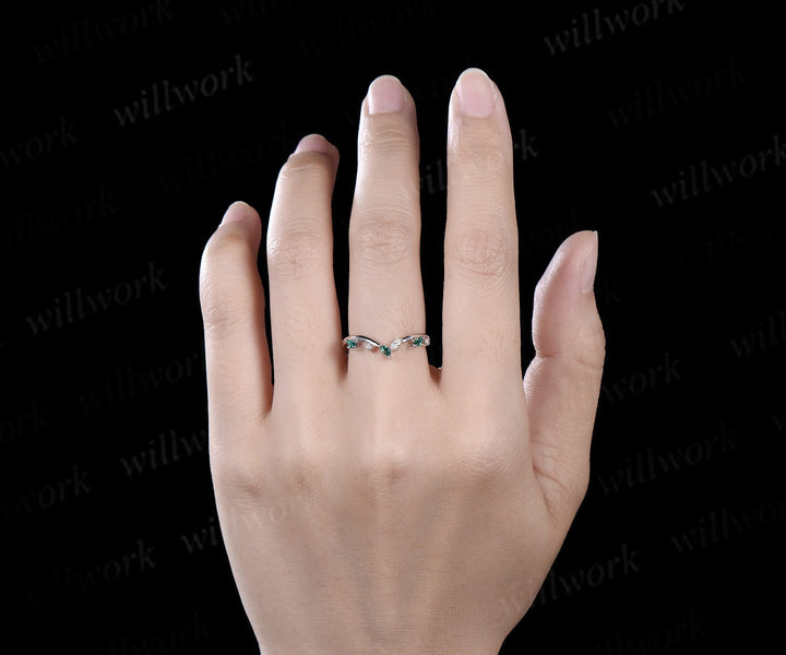 Curved emerald wedding band white gold stacking moissanite wedding ring band women May birthstone ring graduation anniversary gift