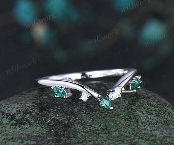 Curved emerald wedding band white gold stacking moissanite wedding ring band women May birthstone ring graduation anniversary gift