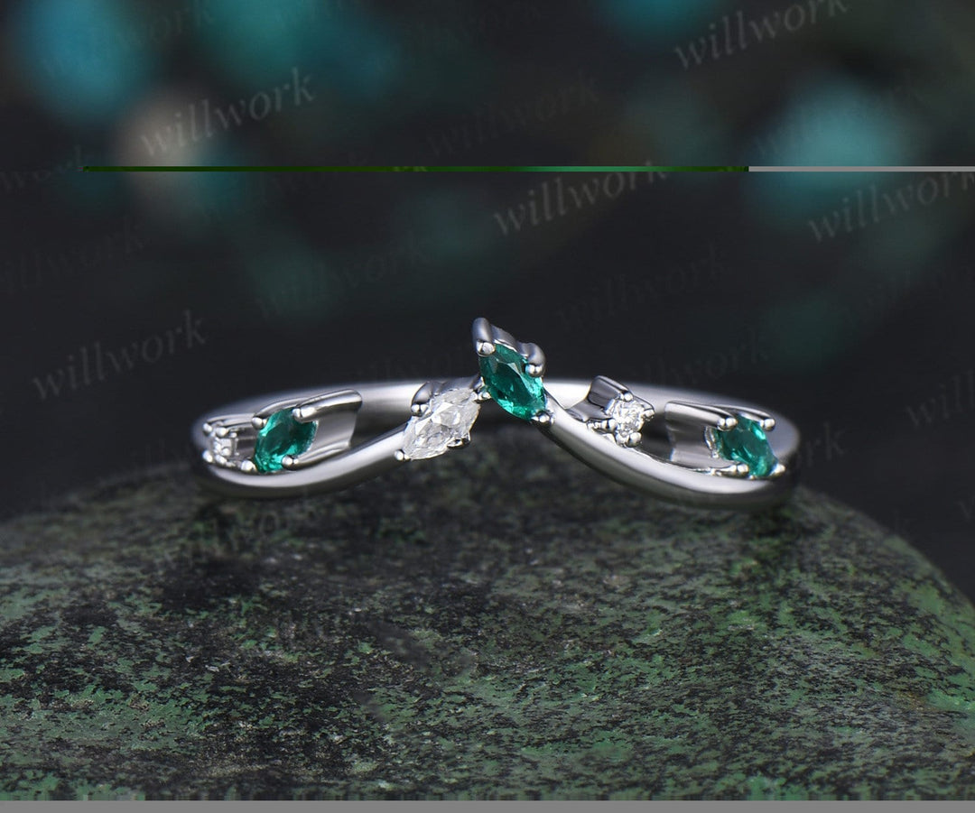 Curved emerald wedding band white gold stacking moissanite wedding ring band women May birthstone ring graduation anniversary gift