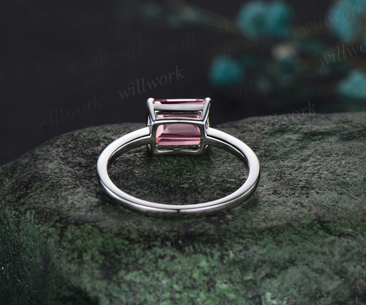 East to west emerald cut Padparadscha sapphire engagement ring women solid 14k white gold solitaire pink gemstone anniversary ring gift