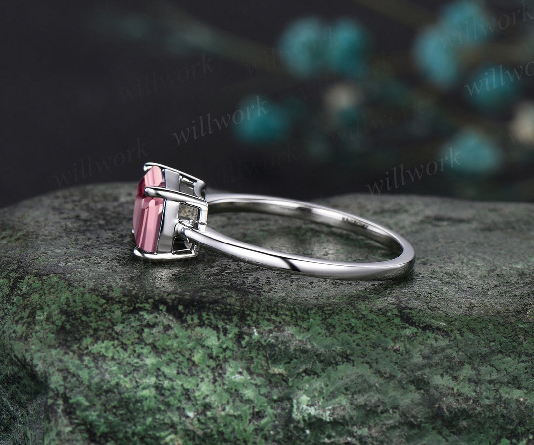 East to west emerald cut Padparadscha sapphire engagement ring women solid 14k white gold solitaire pink gemstone anniversary ring gift