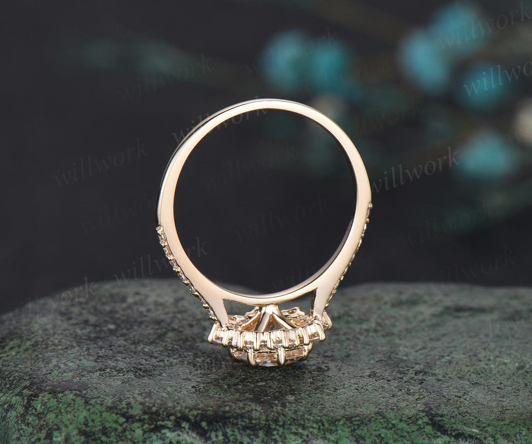 1ct round cut moissanite ring yellow gold vintage halo diamond half eternity unique snowdrift engagement ring women antique jewelry gift