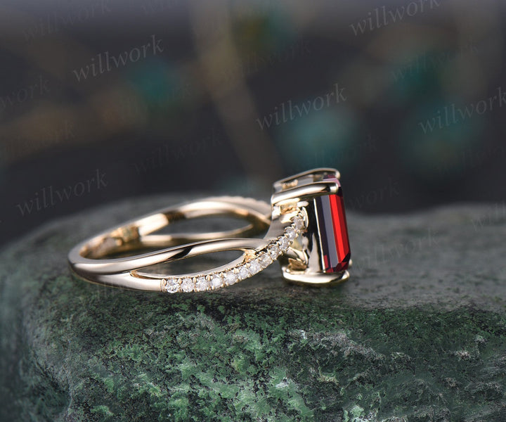 Vintage emerald cut red garnet engagement ring solid 14k yellow gold eternity infinity Twisted diamond wedding bridal ring women