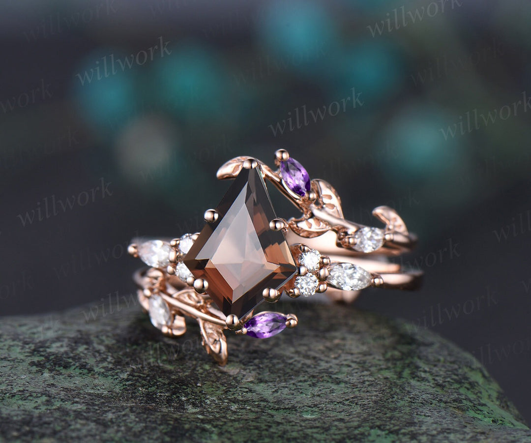 Unique kite cut brown smoky quartz engagement ring twig leaf rose gold diamond amethyst wedding band enhancer anniversary ring set women gift