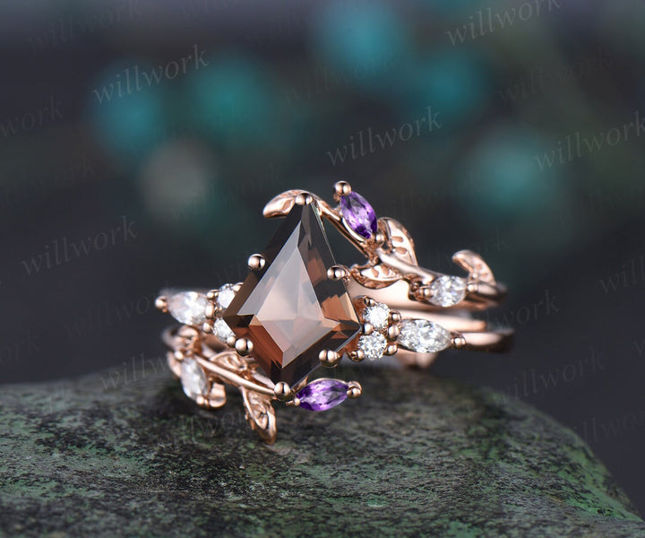 Unique kite cut brown smoky quartz engagement ring twig leaf rose gold diamond amethyst wedding band enhancer anniversary ring set women gift