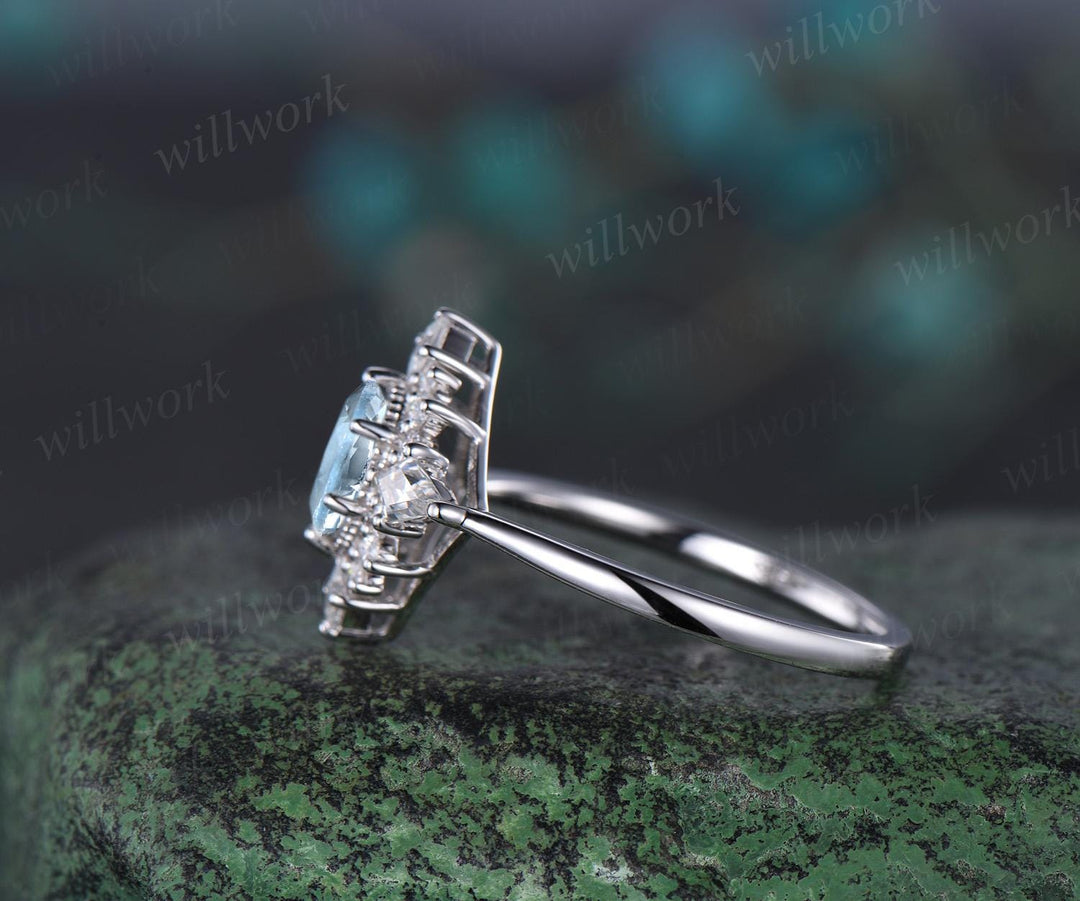 Oval cut Aquamarine ring vintage white gold halo kite princess unique engagement ring women moissanite promise anniversary ring gift