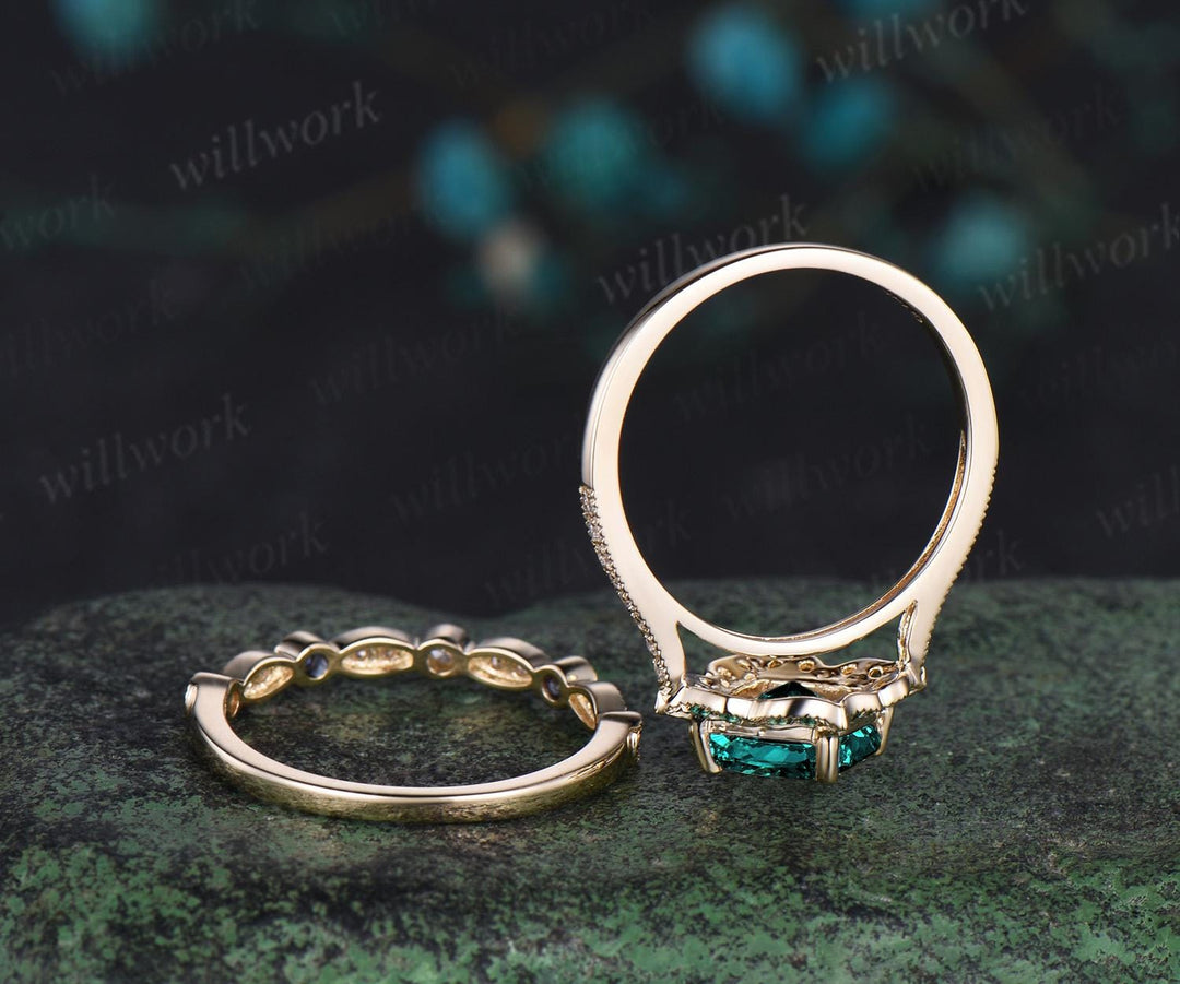 Cushion cut emerald engagement ring set vintage yellow gold art deco Milgrain half eternity sapphire halo diamond promise wedding ring women