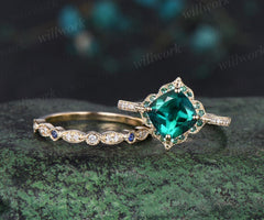 Cushion cut emerald engagement ring set vintage yellow gold art deco Milgrain half eternity sapphire halo diamond promise wedding ring women