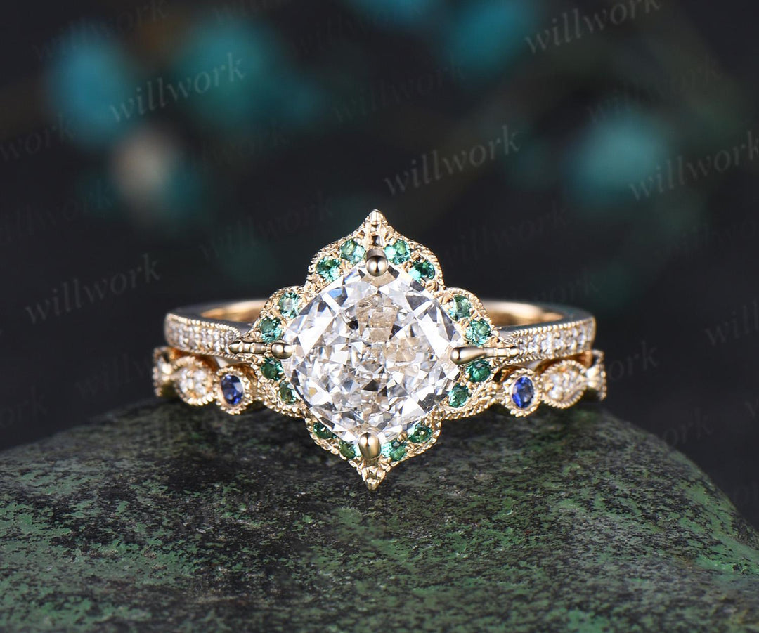 Cushion cut IGI Lab grown diamond engagement ring set vintage yellow gold art deco Milgrain half eternity sapphire halo diamond promise gift