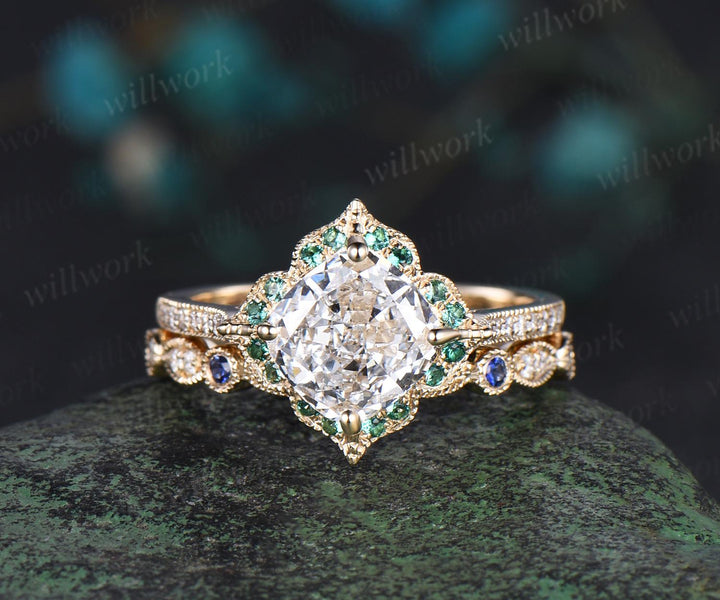 Cushion cut IGI Lab grown diamond engagement ring set vintage yellow gold art deco Milgrain half eternity sapphire halo diamond promise gift
