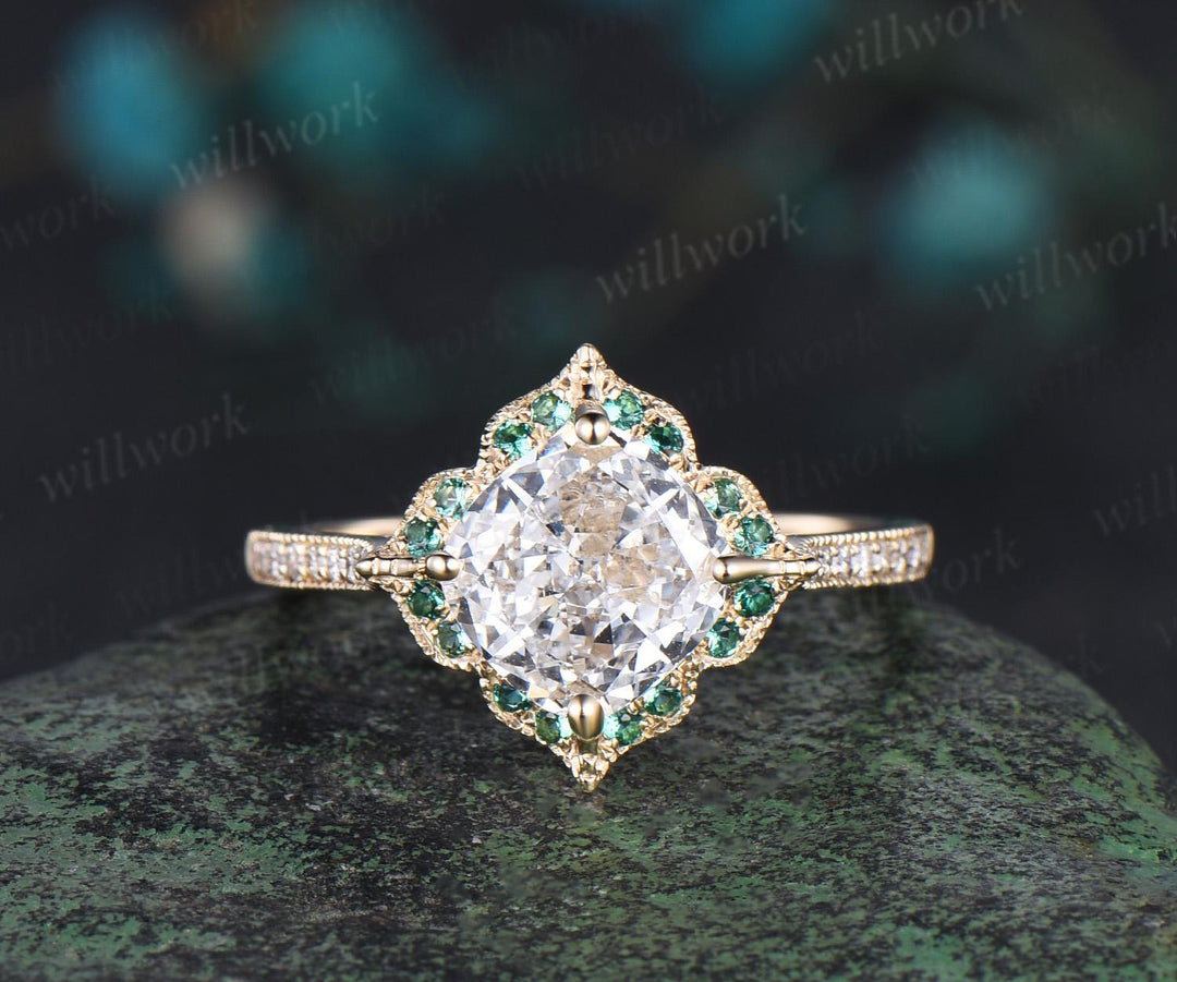 Cushion cut IGI Lab grown diamond engagement ring set vintage yellow gold art deco Milgrain half eternity sapphire halo diamond promise gift