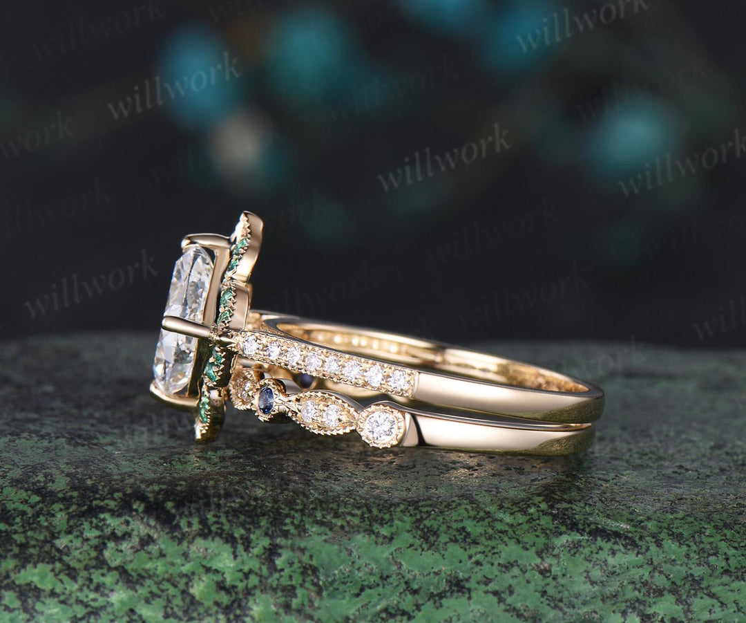 Cushion cut IGI Lab grown diamond engagement ring set vintage yellow gold art deco Milgrain half eternity sapphire halo diamond promise gift