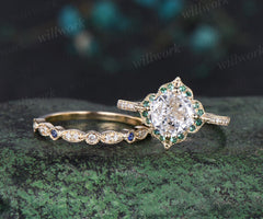 Cushion cut IGI Lab grown diamond engagement ring set vintage yellow gold art deco Milgrain half eternity sapphire halo diamond promise gift