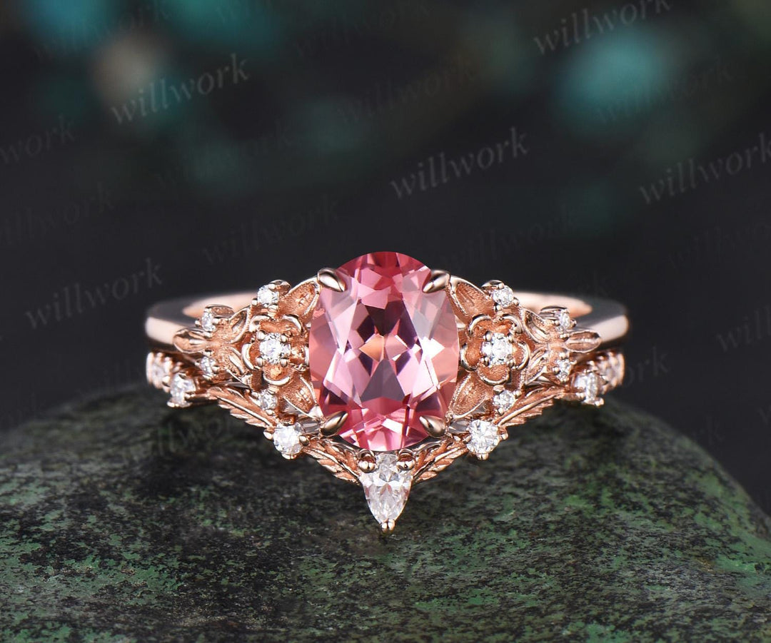 Oval cut Padparadscha pink sapphire engagement ring set leaf floral nature inspired diamond wedding bridal ring set women gift jewelry