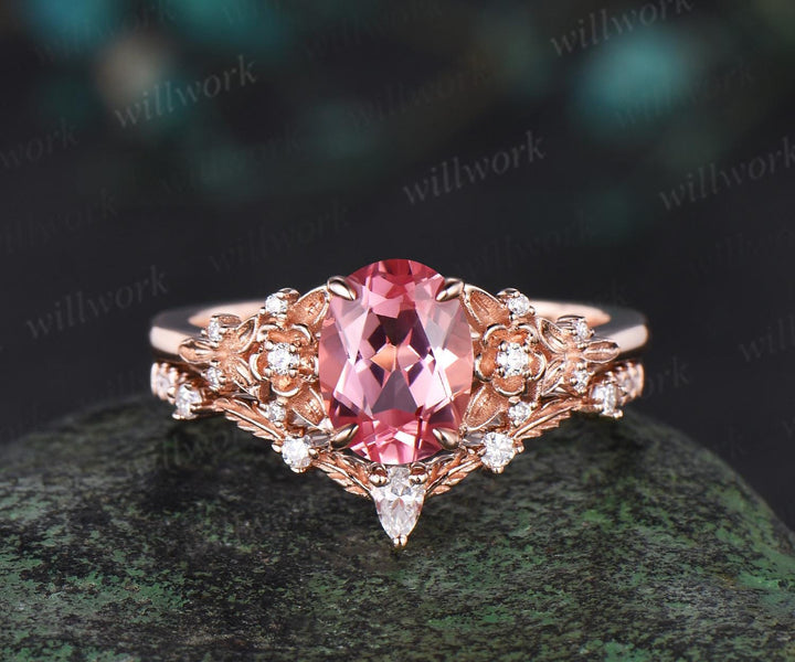 Oval cut Padparadscha pink sapphire engagement ring set leaf floral nature inspired diamond wedding bridal ring set women gift jewelry