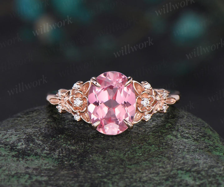 Oval cut Padparadscha pink sapphire engagement ring set leaf floral nature inspired diamond wedding bridal ring set women gift jewelry