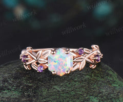 Hexagon cut white opal ring vintage rose gold five stone infinity leaf unique engagement ring women amethyst anniversary ring gift jewelry