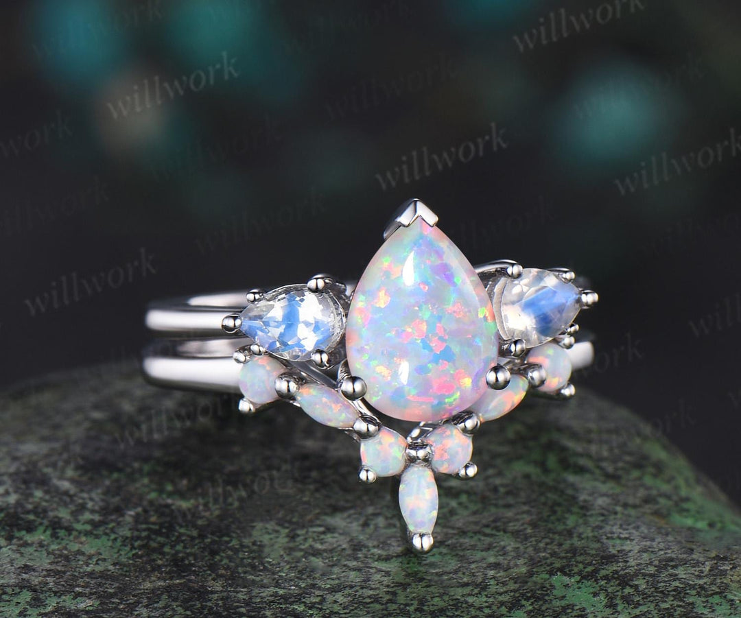 Pear shaped opal moonstone ring white gold three stone unique engagement ring set stacking fire opal ring women bridal set gift jewelry