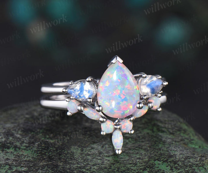Pear shaped opal moonstone ring white gold three stone unique engagement ring set stacking fire opal ring women bridal set gift jewelry