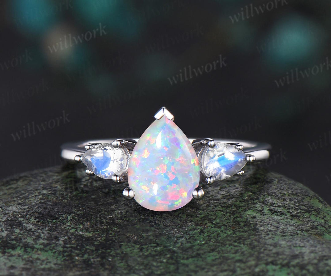 Pear shaped opal moonstone ring white gold three stone unique engagement ring set stacking fire opal ring women bridal set gift jewelry