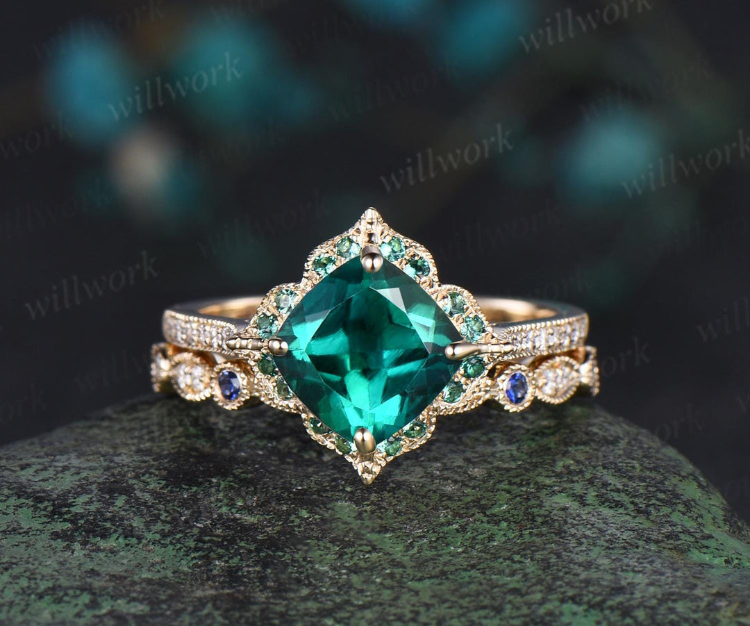 Cushion cut emerald engagement ring set vintage yellow gold art deco Milgrain half eternity sapphire halo diamond promise wedding ring women