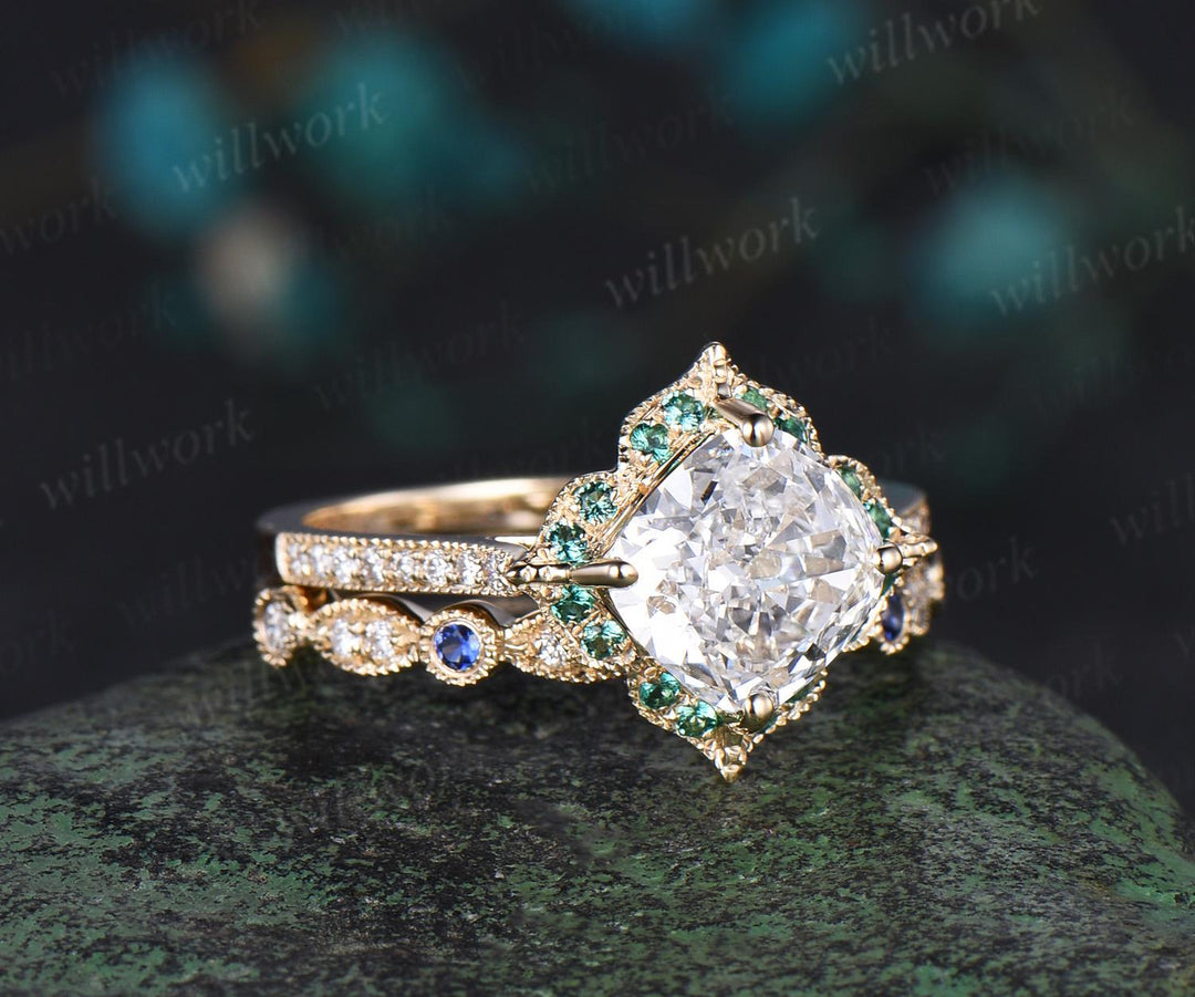 Cushion cut IGI Lab grown diamond engagement ring set vintage yellow gold art deco Milgrain half eternity sapphire halo diamond promise gift