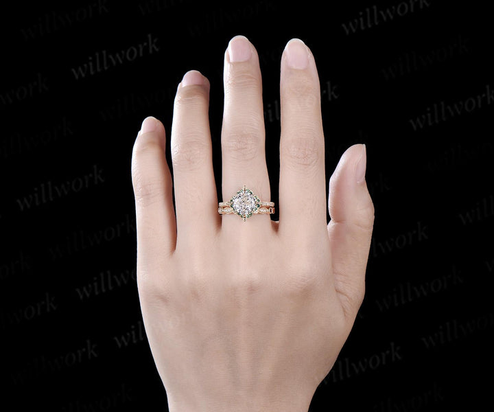 Cushion cut IGI Lab grown diamond engagement ring set vintage yellow gold art deco Milgrain half eternity sapphire halo diamond promise gift