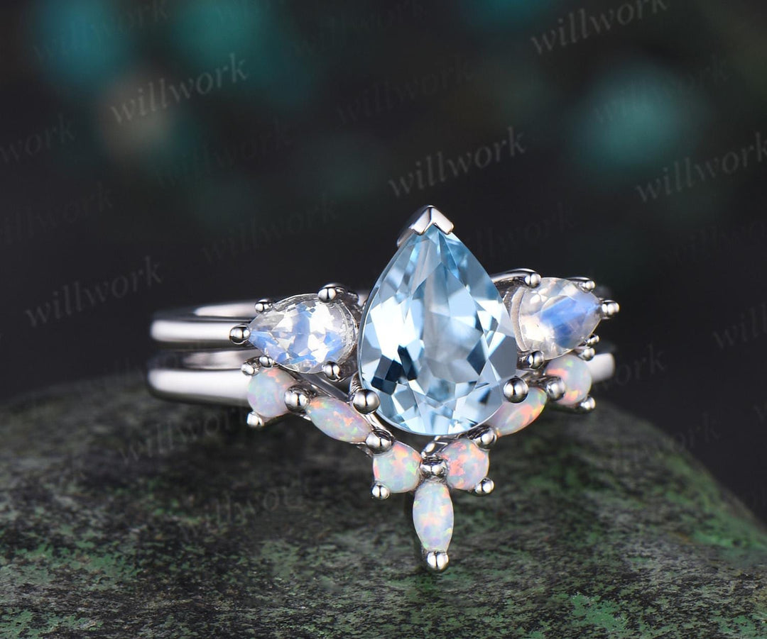 Pear shaped aquamarine moonstone ring white gold three stone unique engagement ring set stacking opal ring women bridal set gift jewelry