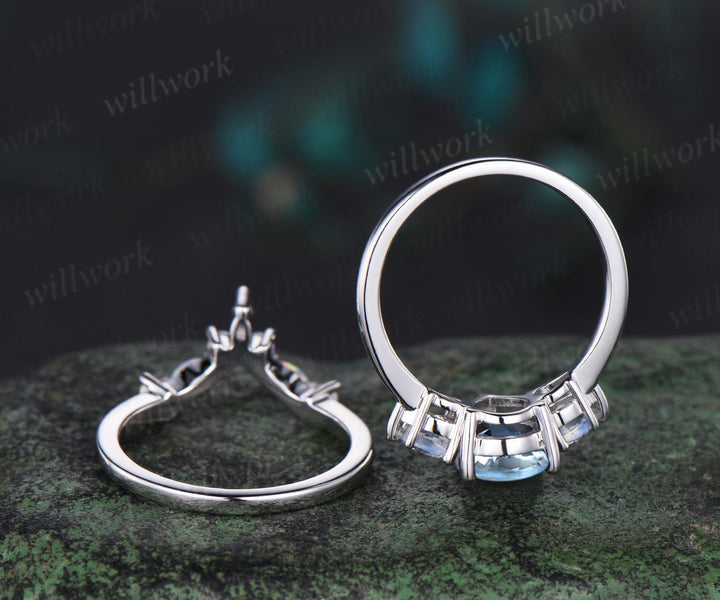 Pear shaped aquamarine moonstone ring white gold three stone unique engagement ring set stacking opal ring women bridal set gift jewelry