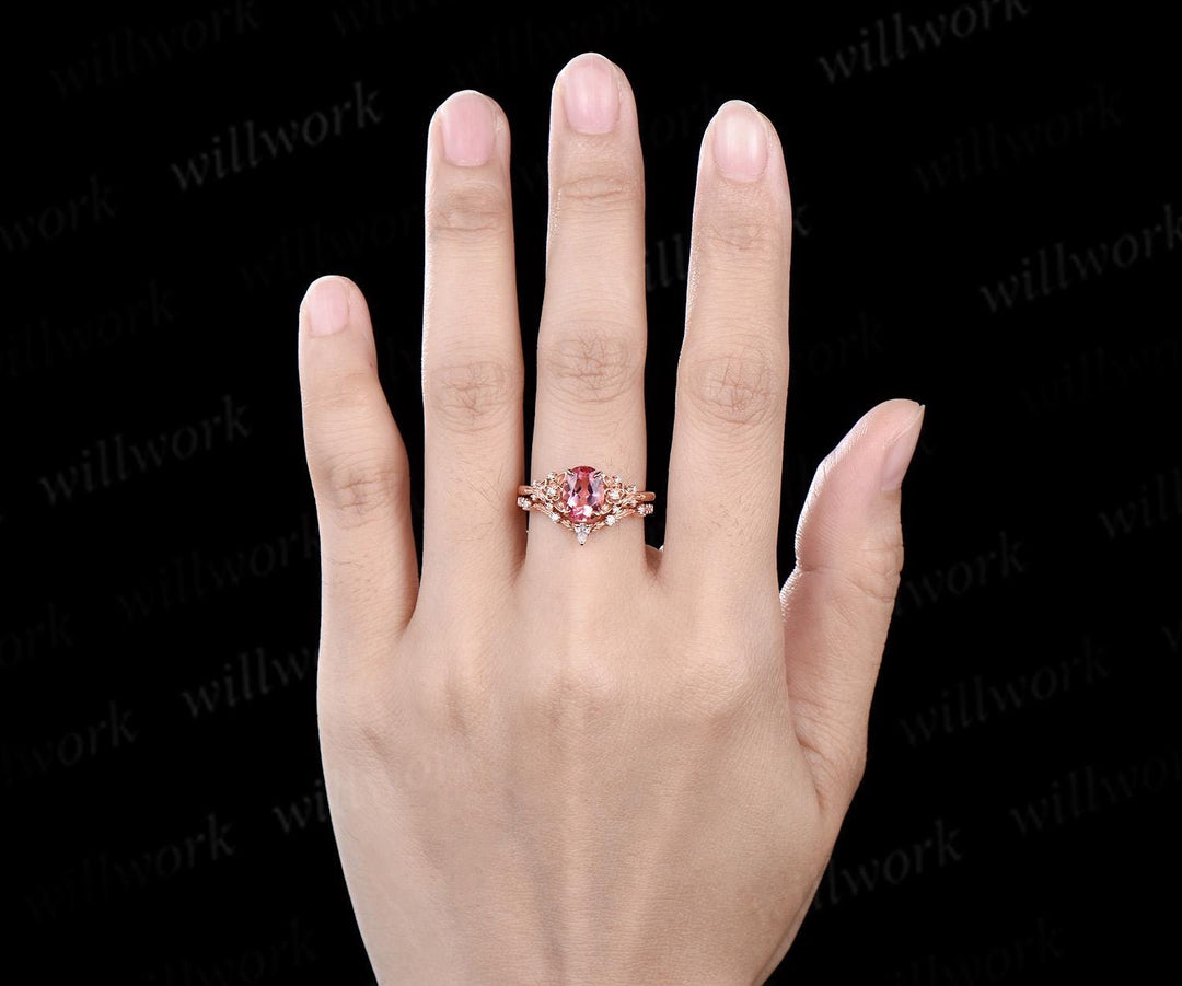 Oval cut Padparadscha pink sapphire engagement ring set leaf floral nature inspired diamond wedding bridal ring set women gift jewelry