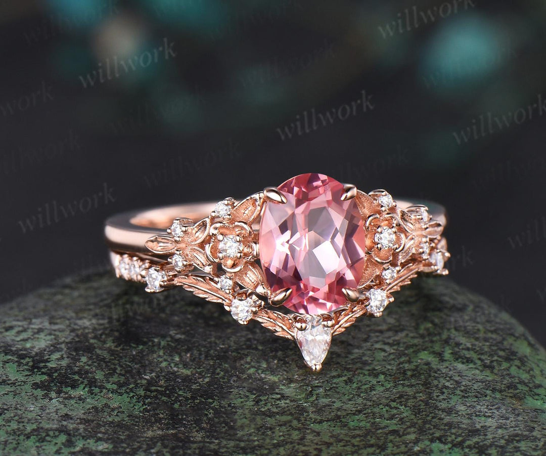 Oval cut Padparadscha pink sapphire engagement ring set leaf floral nature inspired diamond wedding bridal ring set women gift jewelry