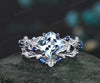 Cushion cut aquamarine engagement ring set vintage vine leaf five stone natural sapphire ring women unique wedding promise ring set jewelry