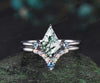 Kite cut green moss agate engagement ring set three stone alexandrite ring white gold opal wedding band Minimalist bridal set gift women