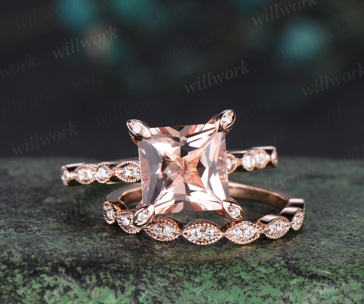 Princess Cut Morganite Engagement Ring Vintage Princess Cut