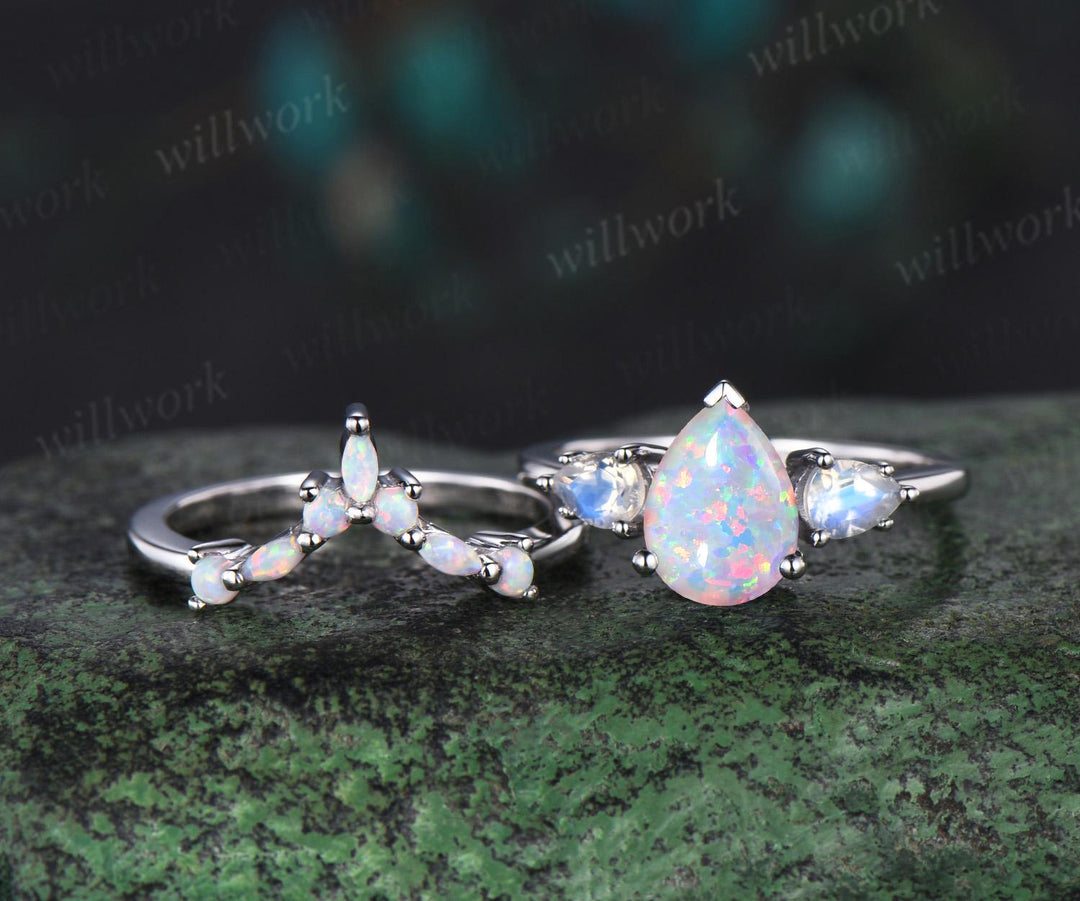 Pear shaped opal moonstone ring white gold three stone unique engagement ring set stacking fire opal ring women bridal set gift jewelry
