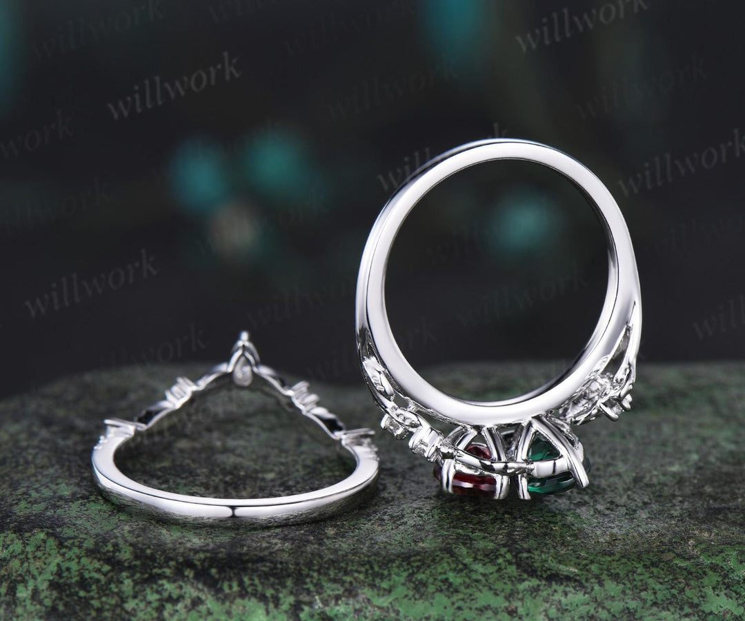 Two stone oval emerald ruby engagement ring 14k white gold leaf diamond bridal set Toi et Moi ring set women jewelry