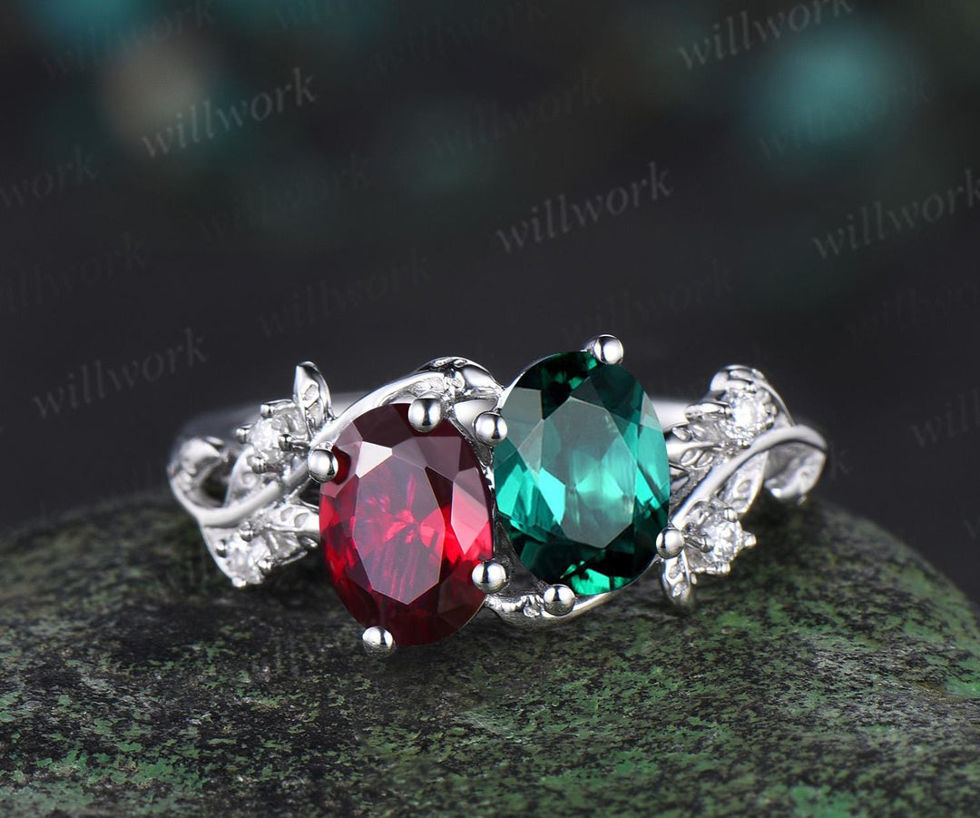 Two stone oval emerald ruby engagement ring 14k white gold leaf diamond bridal set Toi et Moi ring set women jewelry