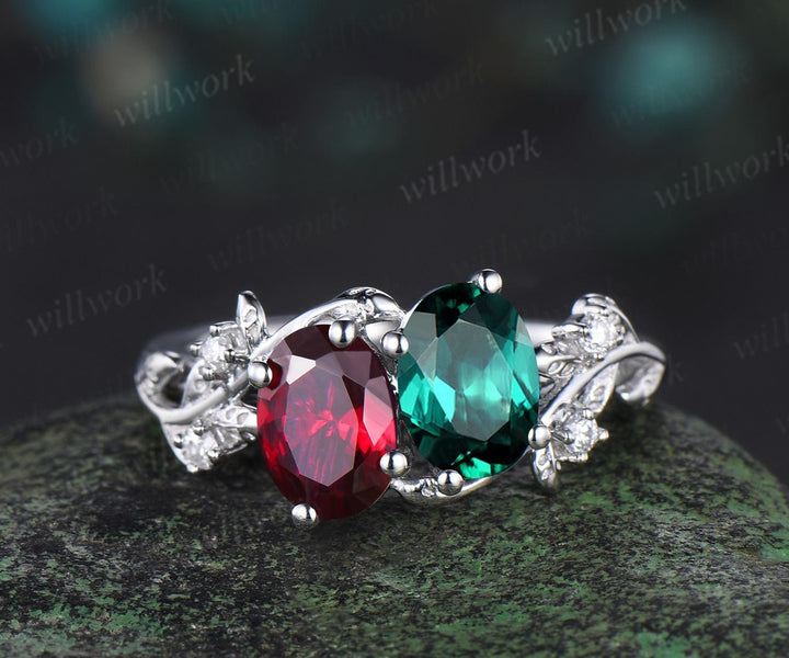 Two stone oval emerald ruby engagement ring 14k white gold leaf diamond bridal set Toi et Moi ring set women jewelry