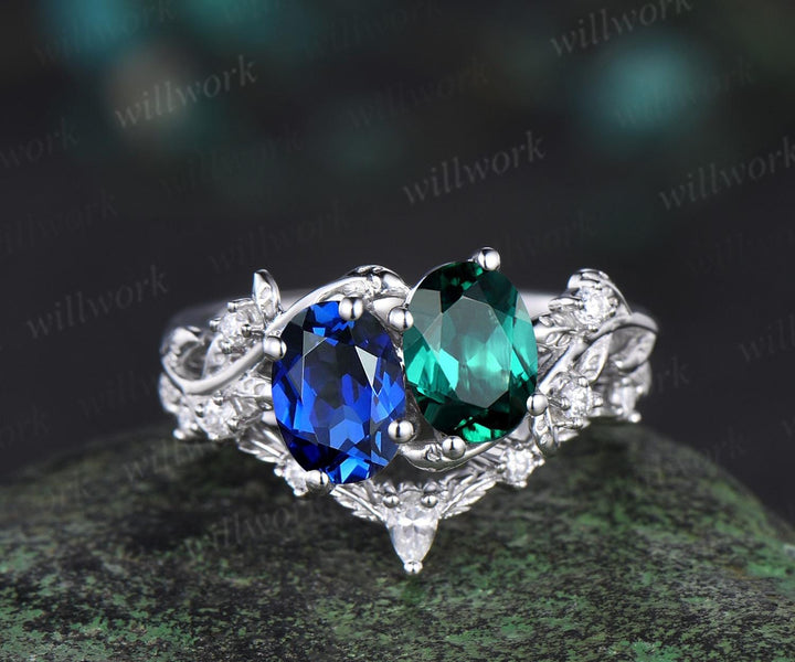 Toi et Moi ring oval emerald sapphire engagement ring 14k white gold leaf diamond bridal set nature inspired unique wedding ring set women jewelry