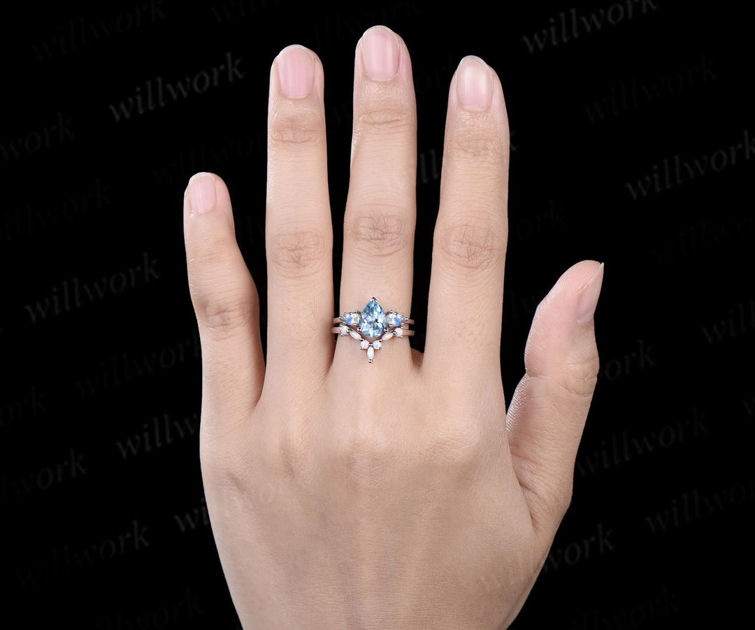 Pear shaped aquamarine moonstone ring white gold three stone unique engagement ring set stacking opal ring women bridal set gift jewelry