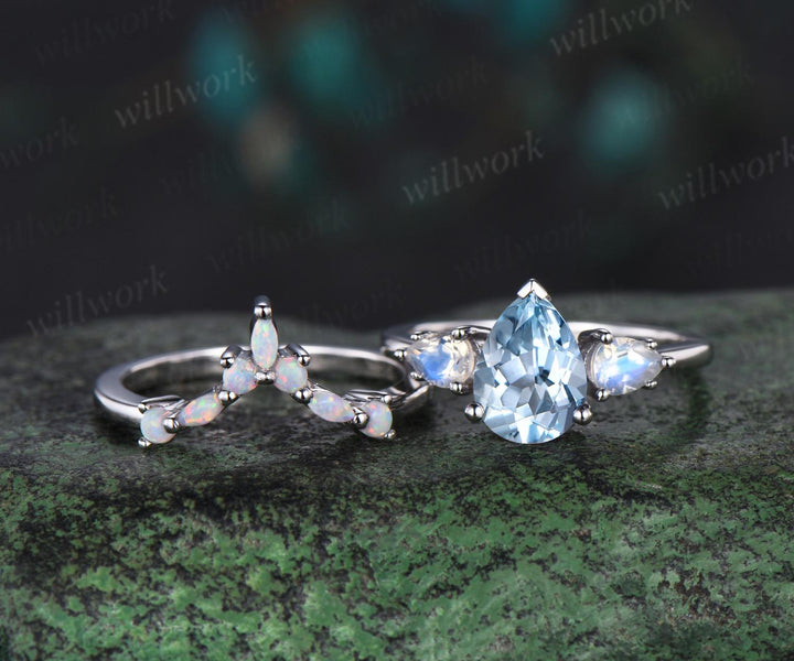 Pear shaped aquamarine moonstone ring white gold three stone unique engagement ring set stacking opal ring women bridal set gift jewelry