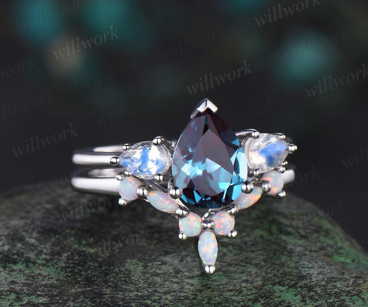 Pear shaped alexandrite moonstone ring white gold three stone unique engagement ring set stacking opal ring women color change gemstone gift