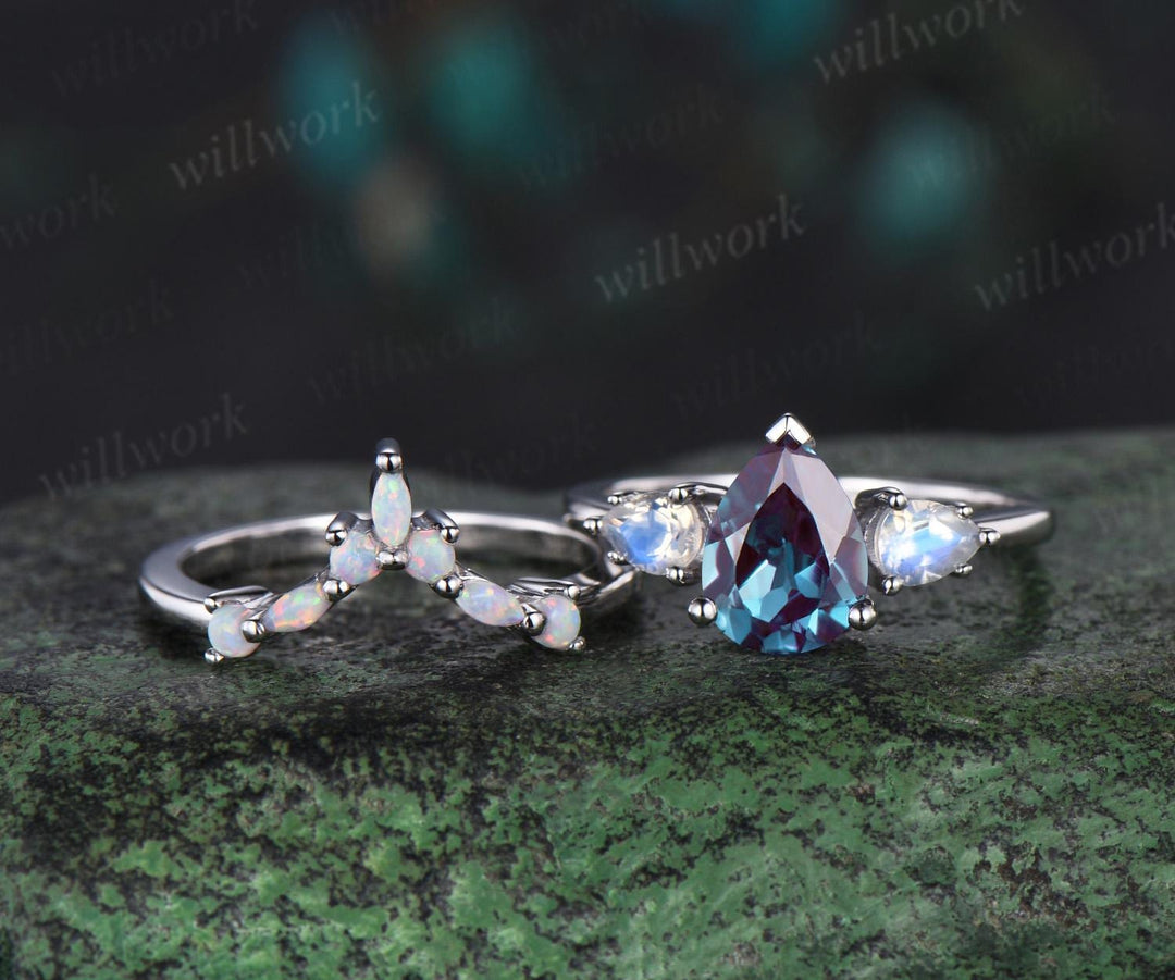 Pear shaped alexandrite moonstone ring white gold three stone unique engagement ring set stacking opal ring women color change gemstone gift