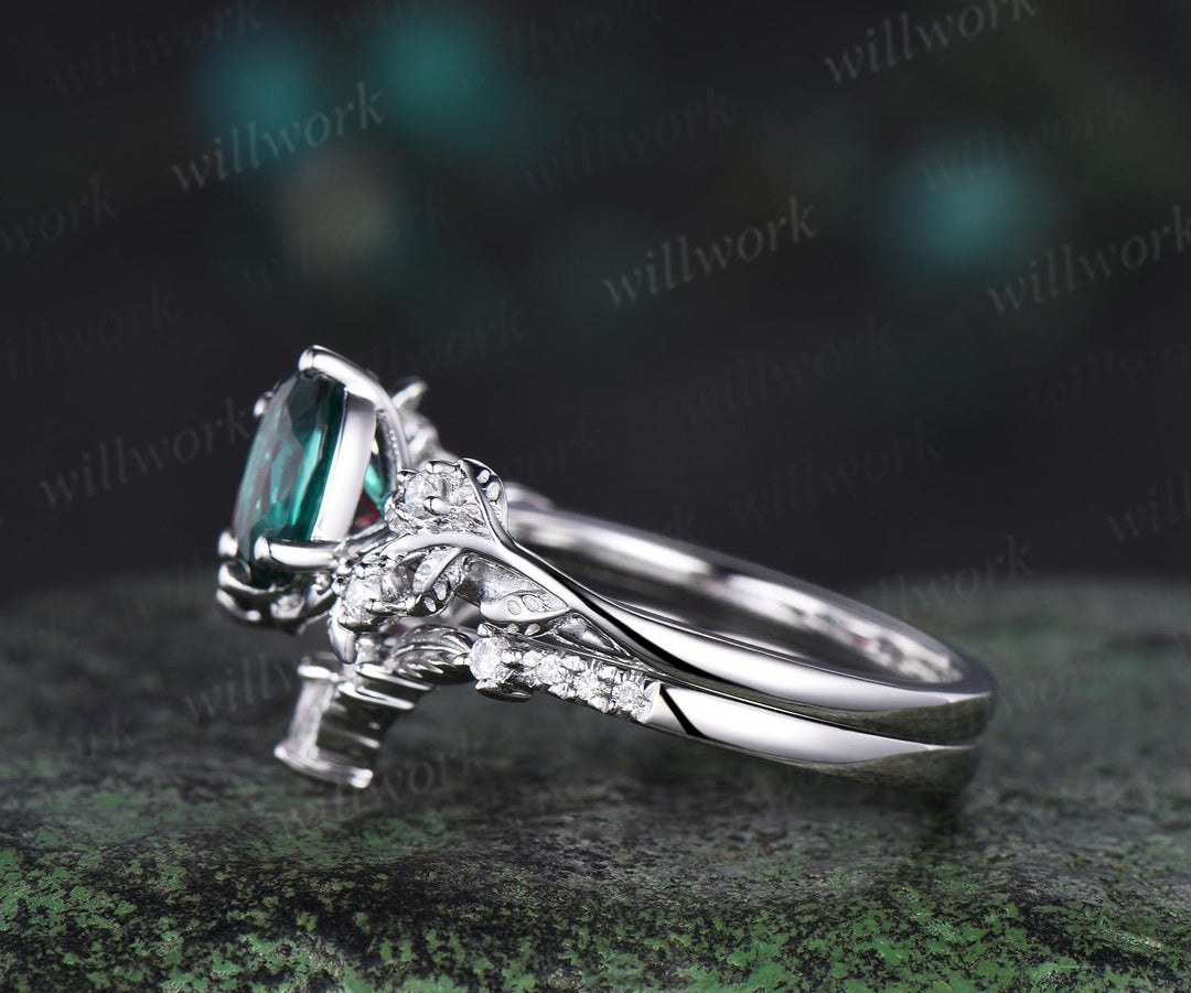 Two stone oval emerald ruby engagement ring 14k white gold leaf diamond bridal set Toi et Moi ring set women jewelry