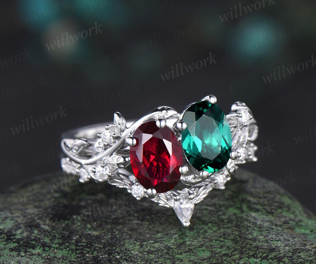 Two stone oval emerald ruby engagement ring 14k white gold leaf diamond bridal set Toi et Moi ring set women jewelry