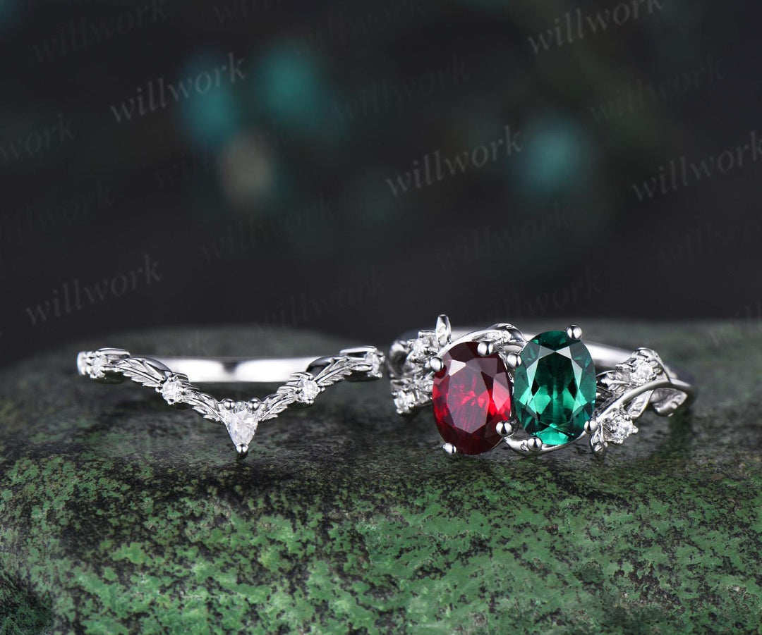 Two stone oval emerald ruby engagement ring 14k white gold leaf diamond bridal set Toi et Moi ring set women jewelry
