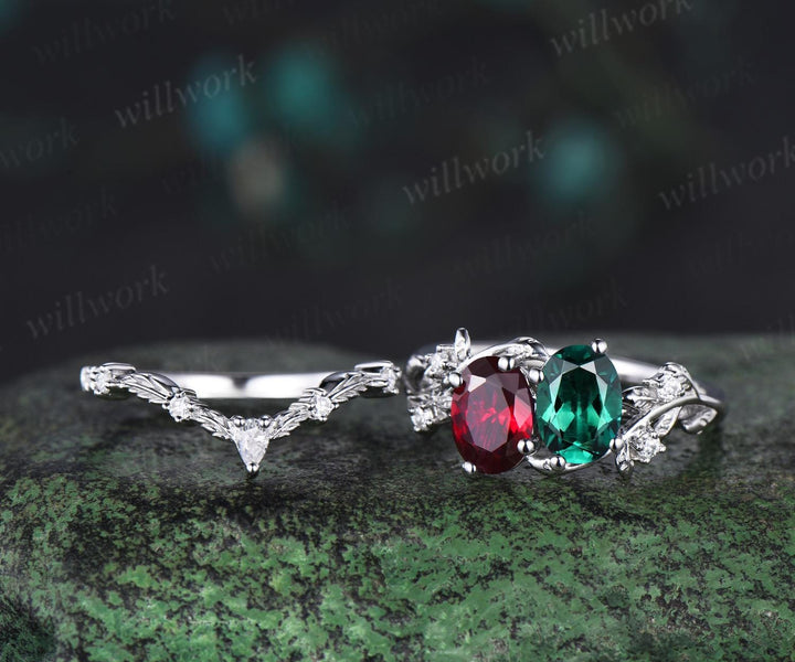 Two stone oval emerald ruby engagement ring 14k white gold leaf diamond bridal set Toi et Moi ring set women jewelry